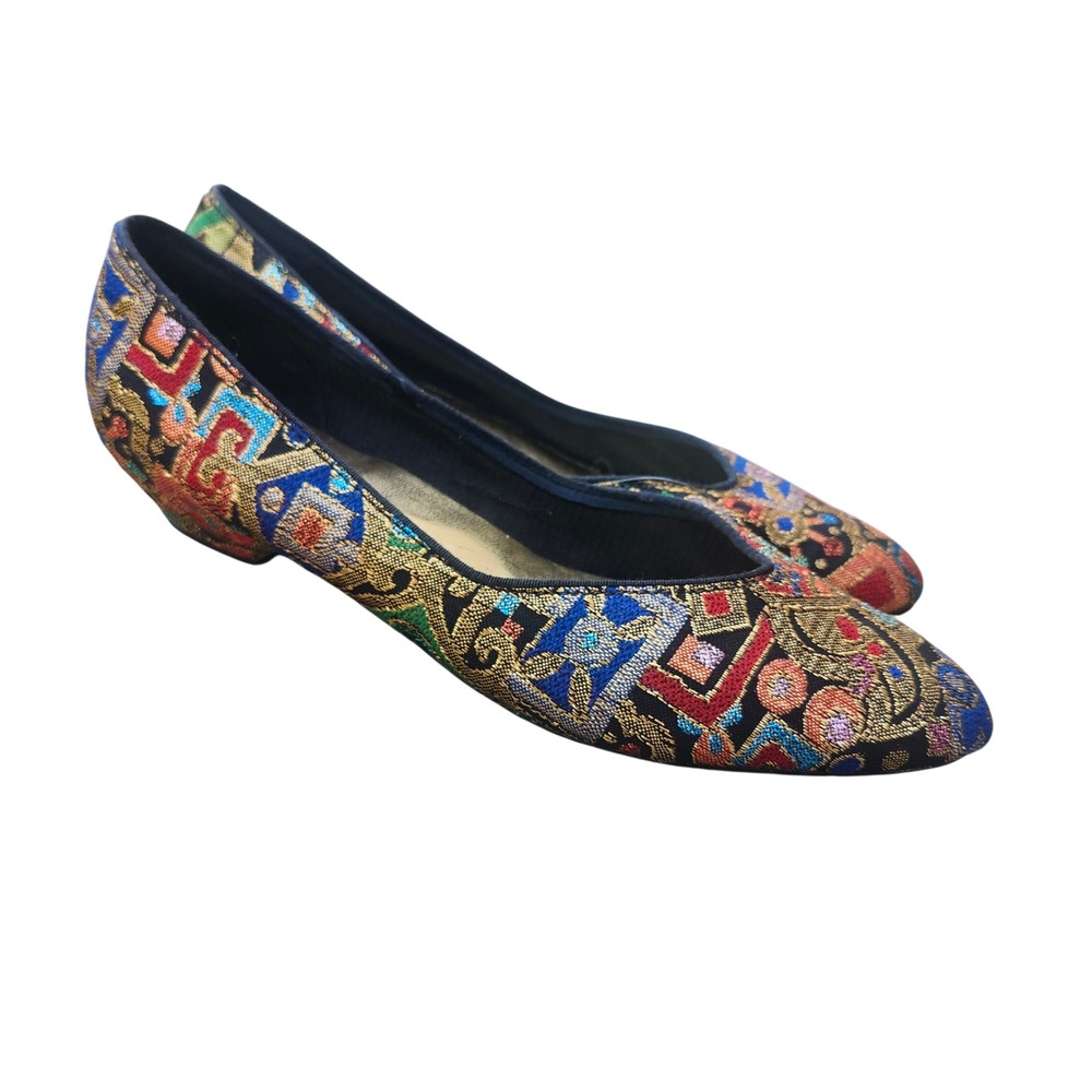Vtg Beacon Arcade Women 7 N Multicolor Metallic Brocade Low Wedge Heel Paisley